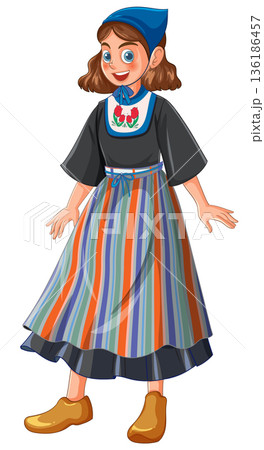 Smiling Girl in Traditional Dutch Folk Costume Illustration 136186457