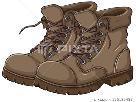 Brown Hiking Boots with Laces Cartoon Vector Illustration 136186458
