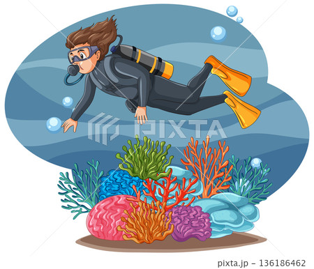 Scuba Diver Swimming Underwater Over Colorful Coral Reef Vector Illustration 136186462