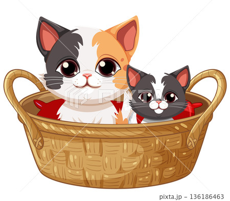 Two Cute Cartoon Kittens Sitting Inside a Woven Wicker Basket Two Cute Cartoon Kittens Sitting Inside a Woven Wicker Basket 136186463