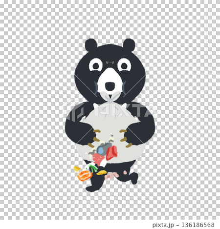 黑熊叼著垃圾逃跑的插圖——垃圾破壞警告 136186568