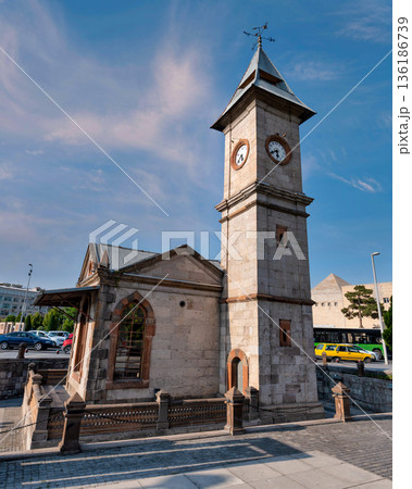 Historic Kayseri Clock Tower Saat Kulesi in Kayseri Turkey under a clear blue sky 136186739