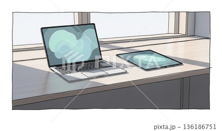 未来的デバイスが並ぶミニマルなワークスペース 136186751