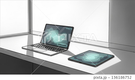 未来的デバイスが並ぶミニマルなワークスペース 136186752