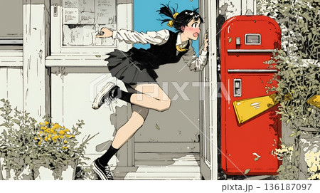 学校に遅れそうで道を急いでいる女子高生 136187097