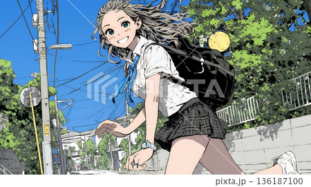 学校に遅れそうで道を急いでいる女子高生 136187100