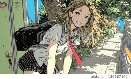 学校に遅れそうで道を急いでいる女子高生