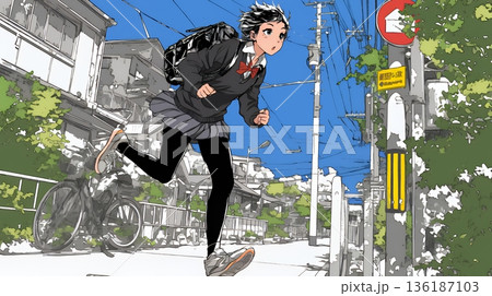 学校に遅れそうで道を急いでいる女子高生