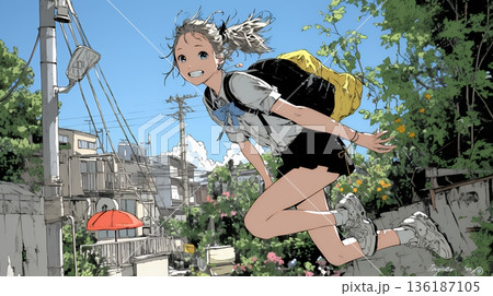 学校に遅れそうで道を急いでいる女子高生