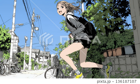 学校に遅れそうで道を急いでいる女子高生 136187107