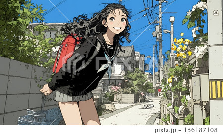 学校に遅れそうで道を急いでいる女子高生