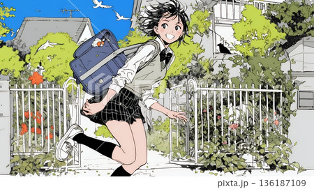 学校に遅れそうで道を急いでいる女子高生