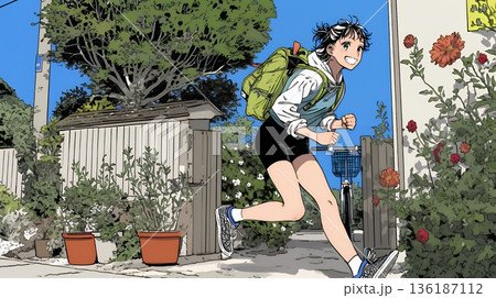 学校に遅れそうで道を急いでいる女子高生 136187112