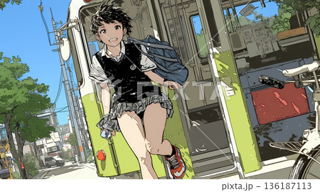 学校に遅れそうで道を急いでいる女子高生