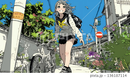 学校に遅れそうで道を急いでいる女子高生 136187114