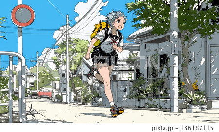 学校に遅れそうで道を急いでいる女子高生