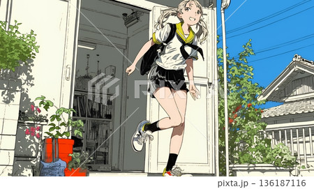 学校に遅れそうで道を急いでいる女子高生 136187116