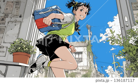 学校に遅れそうで道を急いでいる女子高生 136187117