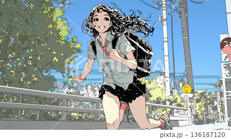 学校に遅れそうで道を急いでいる女子高生