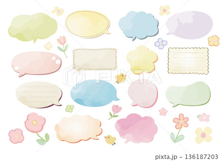 淡い花の水彩吹き出しセット 136187203