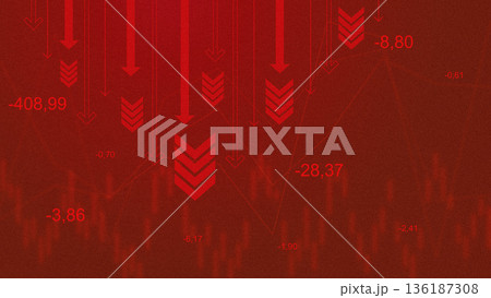 Stock market trends show downward movement and negative values on red background 136187308