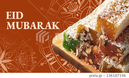 Celebrating Eid with sweets and greetings in a festive setting Celebrating Eid with sweets and greetings in a festive setting 136187336