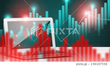 Trading data and charts on a laptop display during financial analysis on a digital platform 136187338