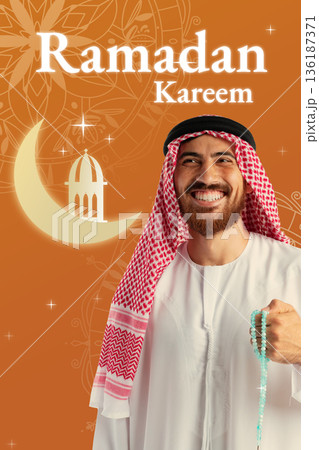 Celebration of Ramadan with a man holding prayer beads in traditional attire Celebration of Ramadan with a man holding prayer beads in traditional attire 136187371