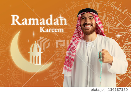 Celebrating Ramadan with a man in traditional dress holding prayer beads in a festive setting Celebrating Ramadan with a man in traditional dress holding prayer beads in a festive setting 136187380
