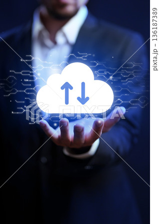 Holding a cloud symbol with upload and download arrows during a digital connection event Holding a cloud symbol with upload and download arrows during a digital connection event 136187389