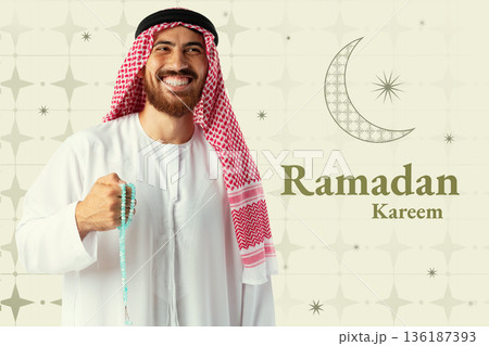 Celebration of Ramadan with a smiling man holding prayer beads Celebration of Ramadan with a smiling man holding prayer beads 136187393