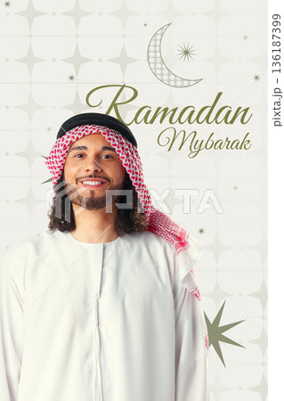 Celebration during Ramadan with a man in traditional attire in a festive atmosphere 136187399