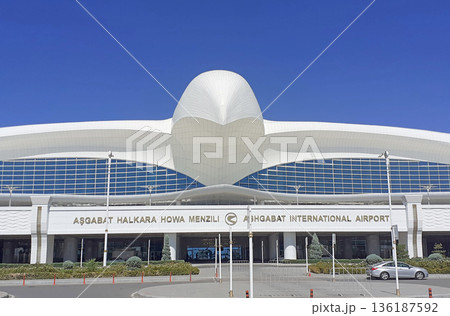 Ashgabat, Turkmenistan - August 20, 2022. Ashgabat International Airport in the form of a bird. 136187592
