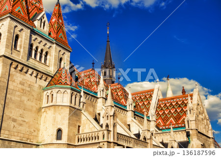 View to Matthias Church in the Castle District. Matthias Church is one of the most famous landmarks of Budapest. 136187596
