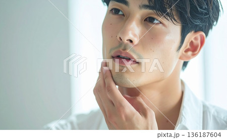 青ひげや剃り残しがある若い男性の顔　口元や顎のクローズアップ　メンズスキンケア・美容・脱毛イメージ 136187604
