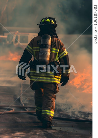 煙に包まれた訓練現場へ向かう消防士の後ろ姿と使命感のイメージ 136187683
