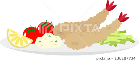 皿に盛ったエビフライとキャベツの千切りのイラスト素材 136187734
