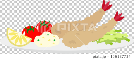 皿に盛ったエビフライとキャベツの千切りのイラスト素材 136187734