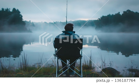 朝霧の湖で一人釣りを楽しむ静寂なスローライフイメージ 朝霧の湖で一人釣りを楽しむ静寂なスローライフイメージ 136187764
