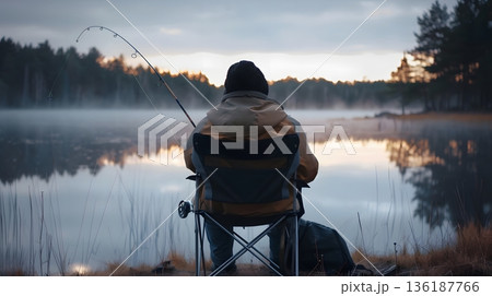 朝霧の湖で一人釣りを楽しむ静寂なスローライフイメージ 136187766