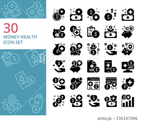 set of 30 money health solid icon, set of 30 money health solid icon, 136187886
