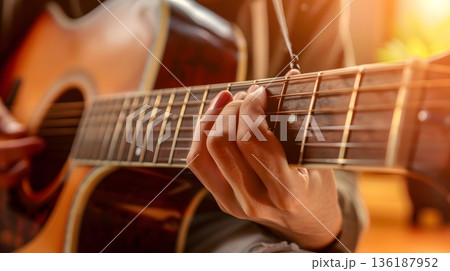 アコースティックギターを演奏する指先のクローズアップと音楽表現 136187952