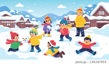 笑顔弾ける雪遊び！冬の村で楽しむ子供たち 136187954