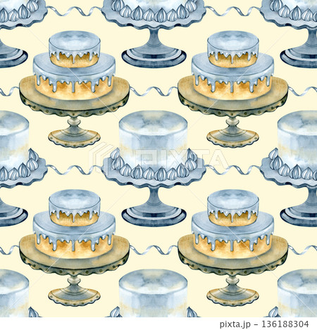 Seamless watercolor pattern featuring elegant tiered cakes on stands with blue frosting. Sweet bakery background for kitchen decor, wrapping paper, and cafe menus. Delicate hand-painted food art. 136188304