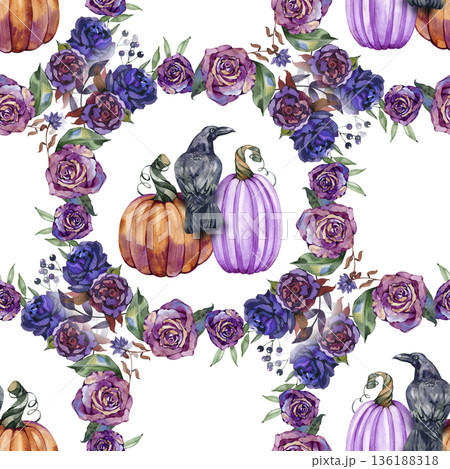 Seamless watercolor pattern featuring a repeating square grid of dark purple rose wreaths. Each floral frame encloses a black raven perched between a light purple and an orange pumpkin Seamless watercolor pattern featuring a repeating square grid of dark purple rose wreaths. Each floral frame encloses a black raven perched between a light purple and an orange pumpkin 136188318
