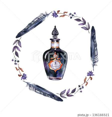 Watercolor mystical illustration of a vintage dark potion bottle in a circular wreath. The magical frame is composed of black feathers, purple flowers, and forest berries with autumn leaves. Watercolor mystical illustration of a vintage dark potion bottle in a circular wreath. The magical frame is composed of black feathers, purple flowers, and forest berries with autumn leaves. 136188321