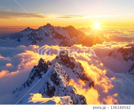 【AI生成画像】世界の大自然 朝日に染まる絶景の名峰と雲海 【AI生成画像】世界の大自然 朝日に染まる絶景の名峰と雲海 136188582