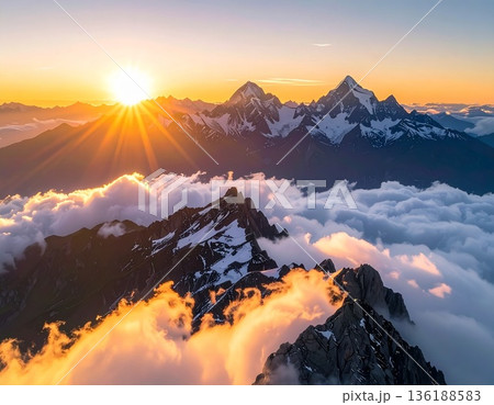 【AI生成画像】世界の大自然 朝日に染まる絶景の名峰と雲海 【AI生成画像】世界の大自然 朝日に染まる絶景の名峰と雲海 136188583