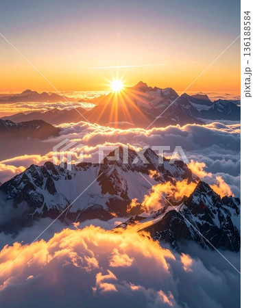 【AI生成画像】世界の大自然 朝日に染まる絶景の名峰と雲海 136188584