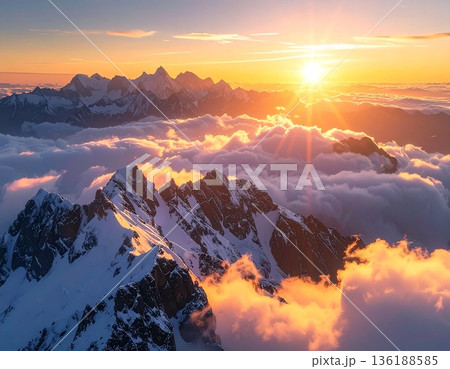 【AI生成画像】世界の大自然 朝日に染まる絶景の名峰と雲海 136188585
